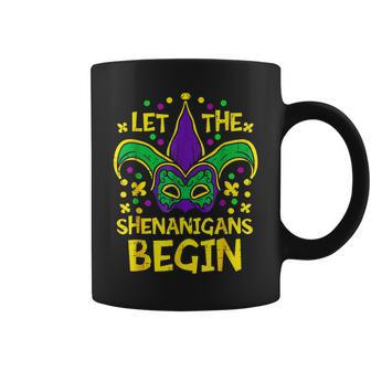Let The Shenanigans Begin Mardi Gras Jester Hat Mask Coffee Mug - Seseable