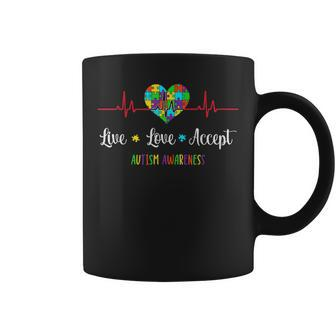 Live Love Accept Autism Awareness Heartbeat Blue Autism Mom Coffee Mug | Mazezy