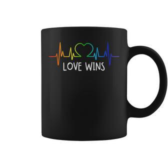 Love Wins Rainbow Heartbeat Lgbtq Pride Lesbian Gay Bi Ally Coffee Mug | Mazezy
