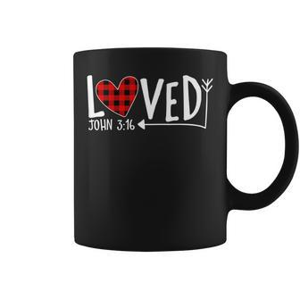 Loved John 316 Red Plaid Heart Christian Valentines Day Coffee Mug | Mazezy