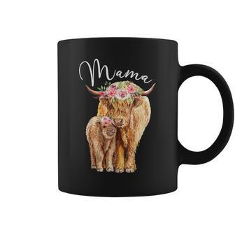 Mama Highland Cow With Baby Calf Floral Mothers Day Mom Gift Coffee Mug | Mazezy
