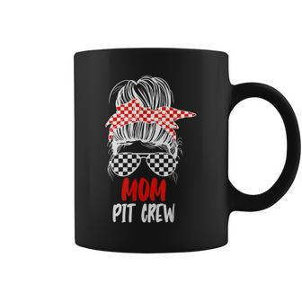 Mom Pit Crew Messy Bun Race Track Car Racing Flag Womens Coffee Mug | Mazezy