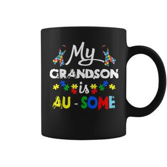 My Grandson Is Ausome Funny Pun Autism Grandma Grandpa Gift Coffee Mug | Mazezy