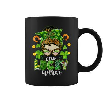One Lucky Nurse Green Shamrock Messy Bun St Patricks Day Coffee Mug | Seseable CA