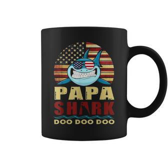 Papa Shark American Flag Fathers Day 4Th Of July Coffee Mug - Seseable