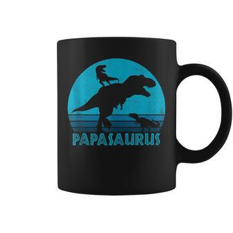 Papasaurus 2 Kids Vintage Retro Sunset Funny Gift For Dad Coffee Mug - Seseable