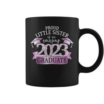 Proud Little Sister I 2023 Graduate Black Purple Outfit Coffee Mug | Mazezy