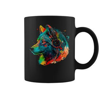 Rainbow Colorful Dj Wolf Headphones Music Wolf Lover Coffee Mug | Mazezy