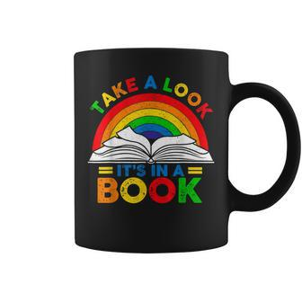 Retro Rainbow Take A Look Its In A Book Reading Bookworm Coffee Mug | Mazezy