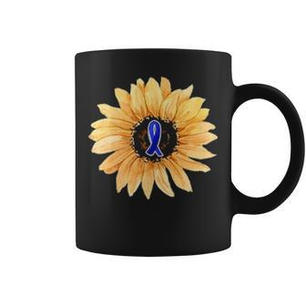 Sunflower Faith Dark Blue Ribbon Colon Cancer Awareness Coffee Mug - Seseable