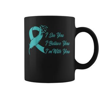 Teal Sexual Assault Awareness Green Feather Ribbon Coffee Mug | Mazezy