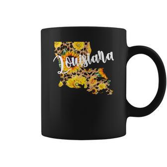 Womens Louisiana Sunflower Leopard Print Wildflower State Map Coffee Mug - Thegiftio UK