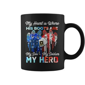 Womens My Heart Is Where His Boots Are My Son My Soldier My Hero Coffee Mug - Seseable