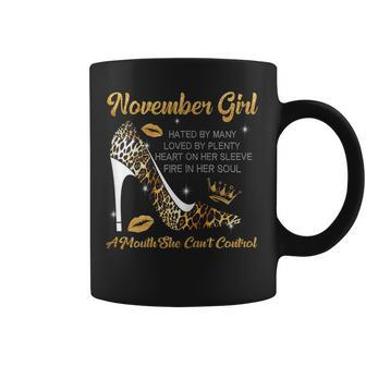 Womens November Girl Hated By Many Leopard High Heels Birthday Coffee Mug | Mazezy