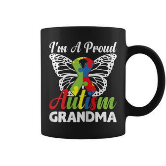 Womens Puzzle Ribbon Butterfly Awareness Im A Proud Autism Grandma Coffee Mug | Mazezy