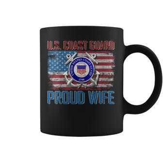 Womens US Coast Guard Proud Wife With American Flag Gift Veteran Coffee Mug - Seseable