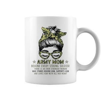 Army Mom Behind Every Strong Soldier For Mom Messy Bun Women Coffee Mug | Mazezy