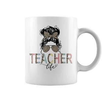 Best Teacher Life Messy Bun Hair Leopard Last Day Of School Coffee Mug - Thegiftio UK