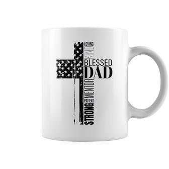 Cool Christian Blessed Dad Cross American Flag Fathers Day Coffee Mug | Mazezy