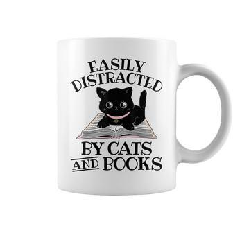 Easily Distracted By Cats And Books Black Cat Book Lover Coffee Mug | Mazezy