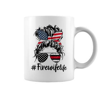 Fire Wife Life Firefighters Wife Messy Bun Mom Usa Flag Coffee Mug - Seseable