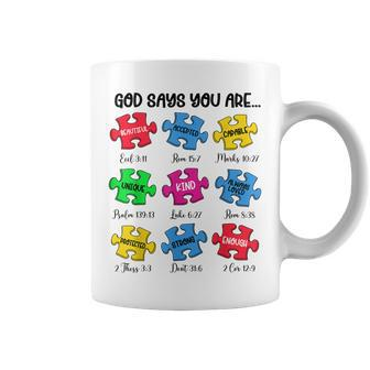 God Says You Are Bible Verses Christian Autism Awareness Coffee Mug | Mazezy
