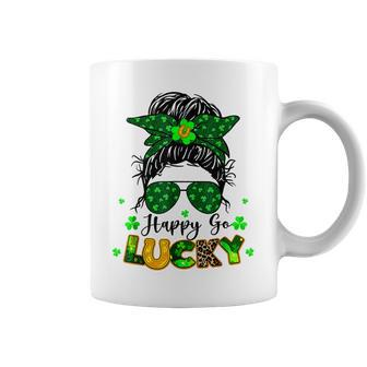 Happy Go Lucky Messy Bun Shamrock St Patricks Day Women Coffee Mug | Mazezy