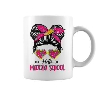 Hello Middle School Back To School Messy Bun Kids Teacher Coffee Mug | Mazezy