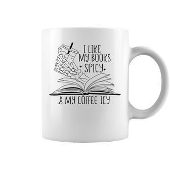 I Like My Books Spicy And My Coffee Icy Skeleton Hand Book Coffee Mug | Mazezy