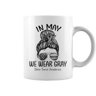 In May We Wear Gray Brain Cancer Awareness Month Messy Bun Coffee Mug - Thegiftio UK
