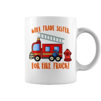 Kids Will Trade Sister For Fire Truck Boys Funny Siblings Sibs Coffee Mug | Mazezy