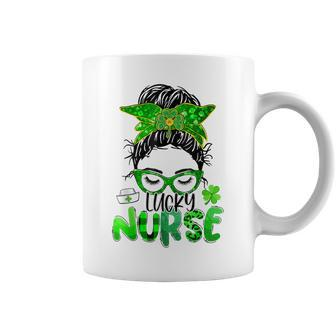 Lucky Nurse St Patricks Day Nurse Shamrock Messy Bun Mom Coffee Mug - Seseable