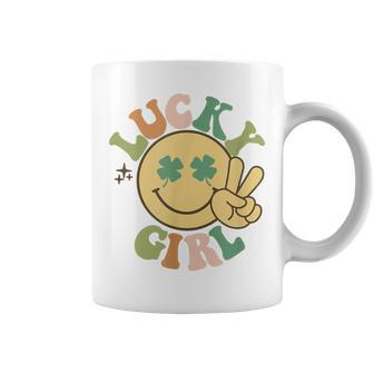Lucky St Patricks Day Retro Smiling Face Shamrock Hippie Coffee Mug | Mazezy