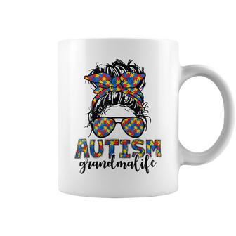 Messy Bun Bandana Grandma Support Women Autism Awareness Coffee Mug | Mazezy