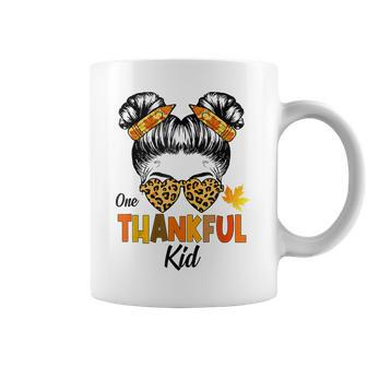 Messy Bun Girl One Thankful Kid Thanksgiving Autumn Leopard Coffee Mug - Thegiftio UK