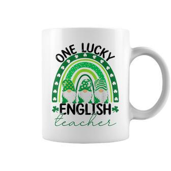 One Lucky English Teacher Gnomes St Patricks Day Rainbow Coffee Mug - Seseable