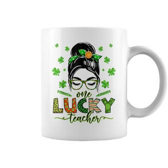One Lucky Teacher Messy Bun Shamrock St Patricks Day Coffee Mug - Seseable