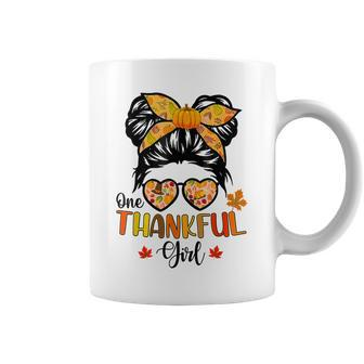 One Thankful Girl Thanksgiving Daughter Messy Bun Fall Girls V8 Coffee Mug - Thegiftio UK
