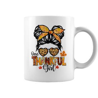One Thankful Girl Thanksgiving Messy Bun Leopard Fall Autumn Coffee Mug - Thegiftio UK