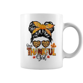 One Thankful Girl Thanksgiving Messy Bun Leopard Fall Autumn V5 Coffee Mug - Thegiftio