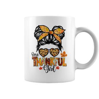 One Thankful Girl Thanksgiving Messy Bun Leopard Fall Autumn V6 Coffee Mug - Thegiftio UK