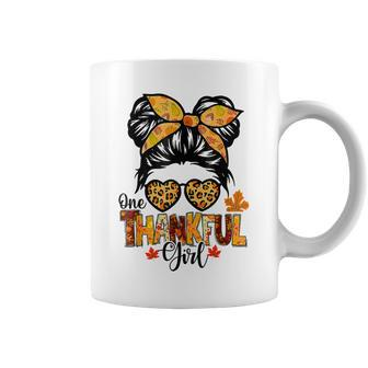 One Thankful Girl Thanksgiving Messy Bun Leopard Fall Autumn V7 Coffee Mug - Thegiftio UK