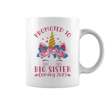Promoted To Big Sister Coming 2023 Face Unicorn Baby Shower Coffee Mug | Mazezy