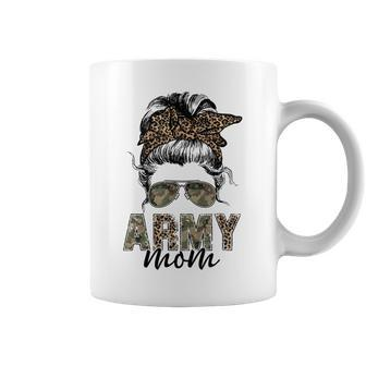 Proud Veteran Women Camo Leopard Messy Bun Proud Army Mom Coffee Mug - Seseable