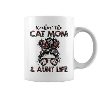 Rockin The Cat Mom & Aunt Life Messy Bun Hair Glasses Paws Coffee Mug - Thegiftio UK