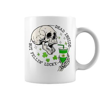 St Patricks Skeleton Coffee Dead Inside But Feelin Lucky Coffee Mug - Seseable