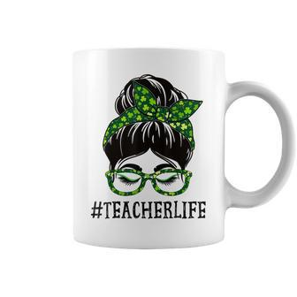 Teacher Women Messy Bun St Patricks Day Shamrock Coffee Mug - Seseable