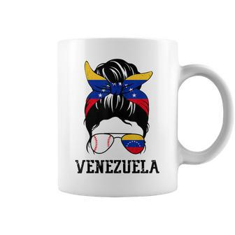 Venezuelan Baseball Fan Girl Mom Messy Bun Venezuela Flag Coffee Mug | Mazezy