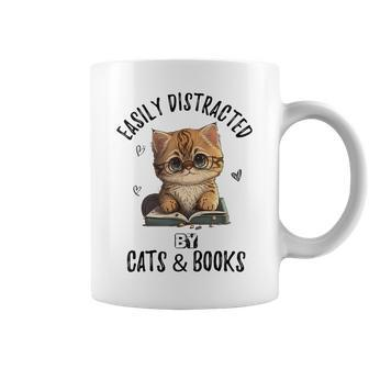 Vintage Easily Distracted By Cats And Books Kitties Lover Coffee Mug - Seseable
