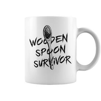 Wooden Spoon Survivor Funny Mom Meme On Back Coffee Mug | Mazezy